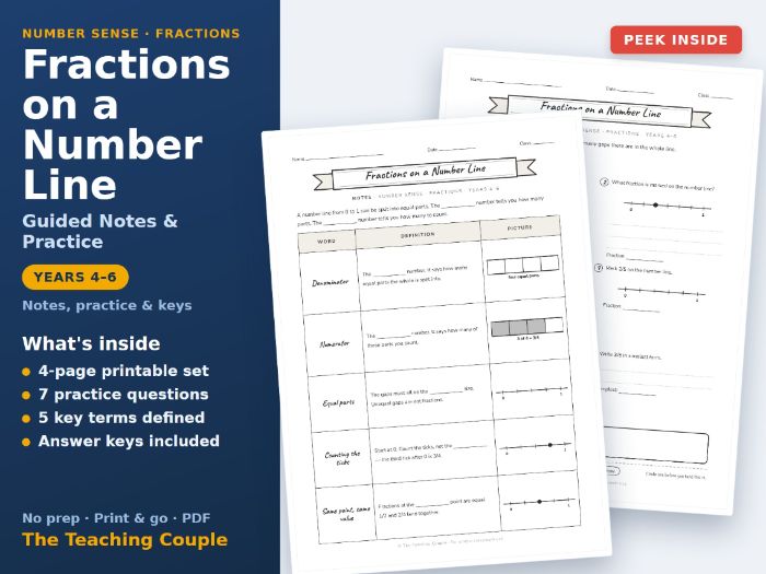 Fractions on a Number Line Guided Notes & Practice + Answer Keys