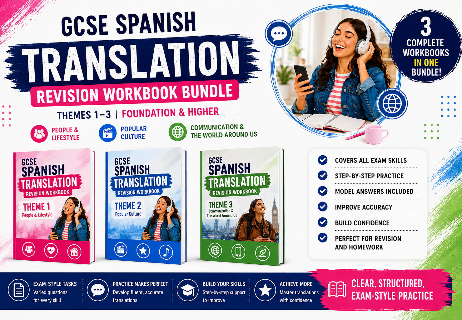 GCSE Spanish Translation Revision Workbook Bundle | Themes 1–3 | Foundation & Higher
