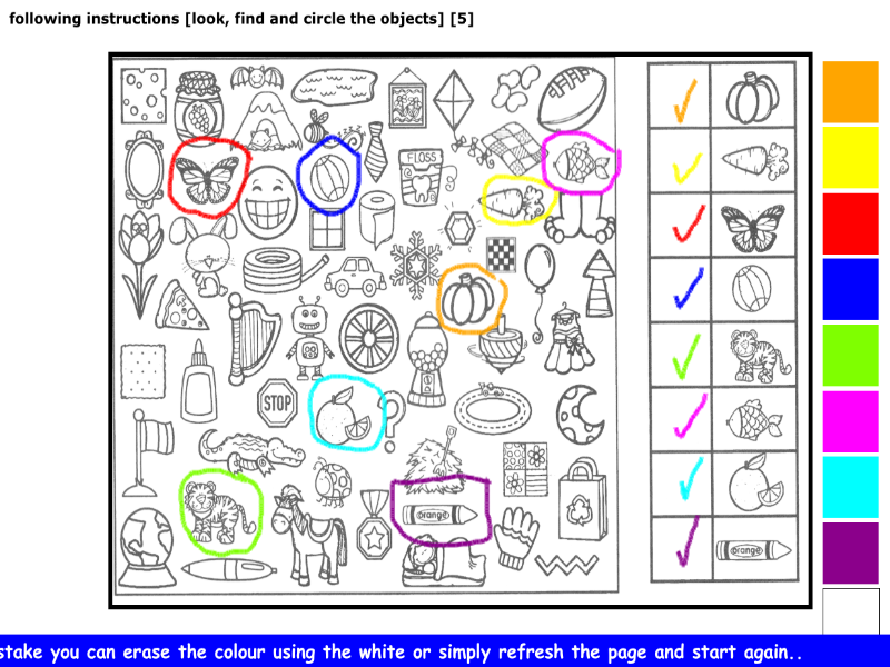 following instructions [look, find and circle the objects] [5]