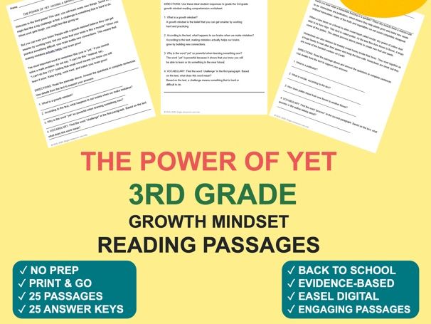 3rd Grade Growth Mindset Reading Comprehension | The Power of Yet (25 Passages)