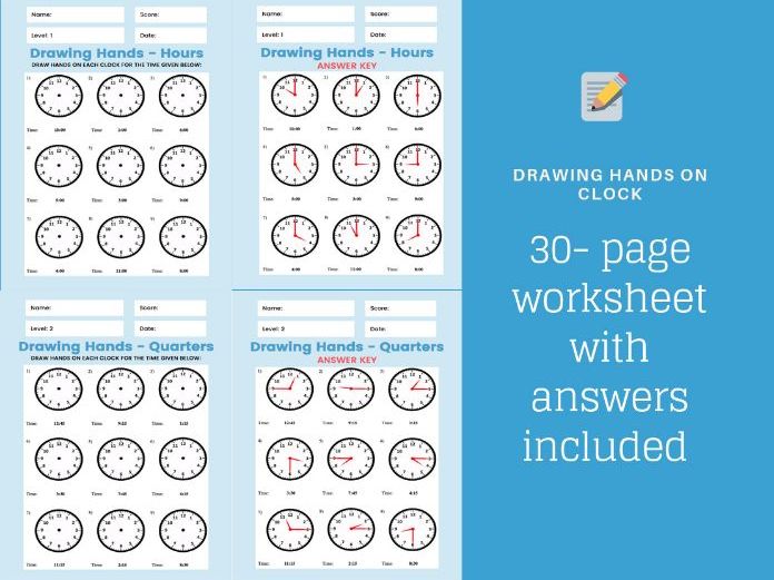 30 pages drawing hands on clock worksheet Teaching Resources