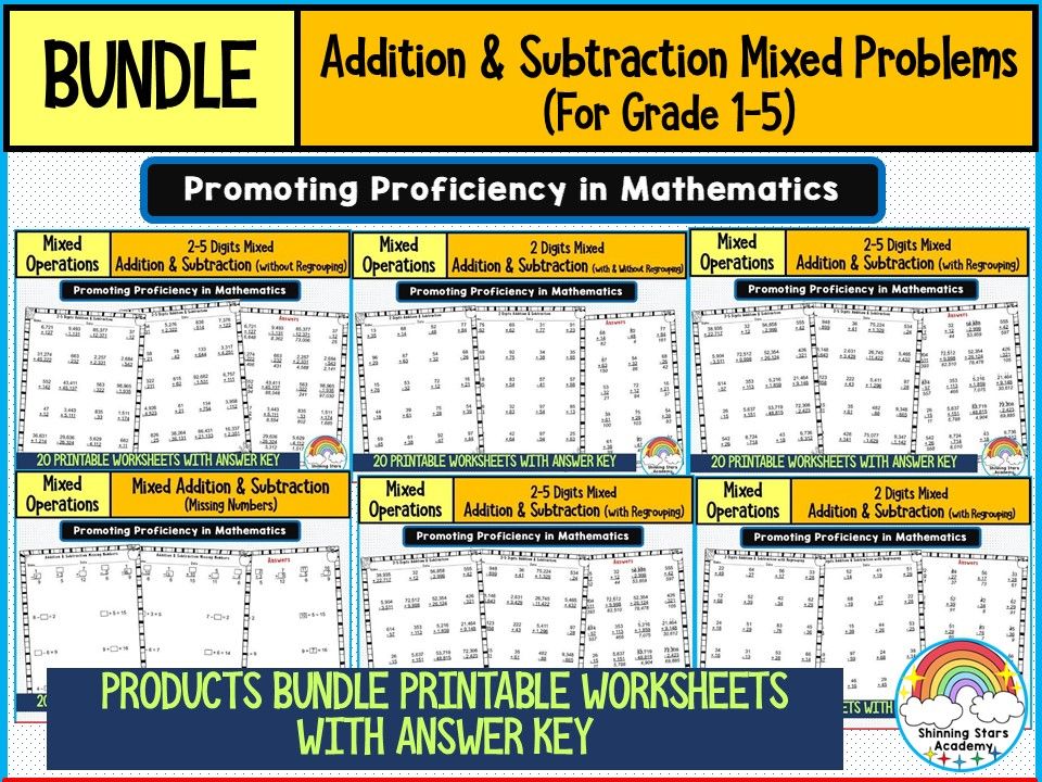 ADDITION AND SUBTRACTION MIXED PROBLEMS Products or Resource BUNDLE Worksheets for GRADE 1–5