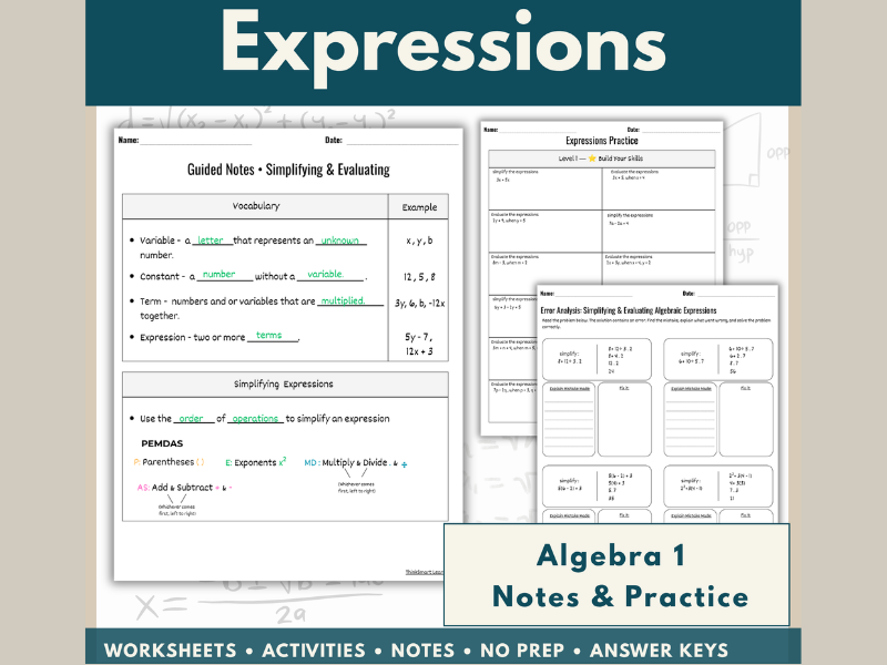 Simplifying and Evaluating Algebraic Expressions | Guided Notes, Practice
