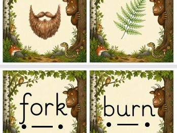 Match up Phase 3 cvc words Gruffalo themed matching picture and cards