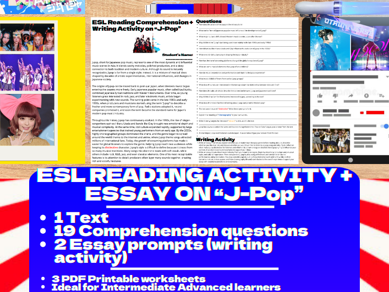 ESL Reading Comprehension + Writing Activity Worksheets on "J- Pop" - Japan