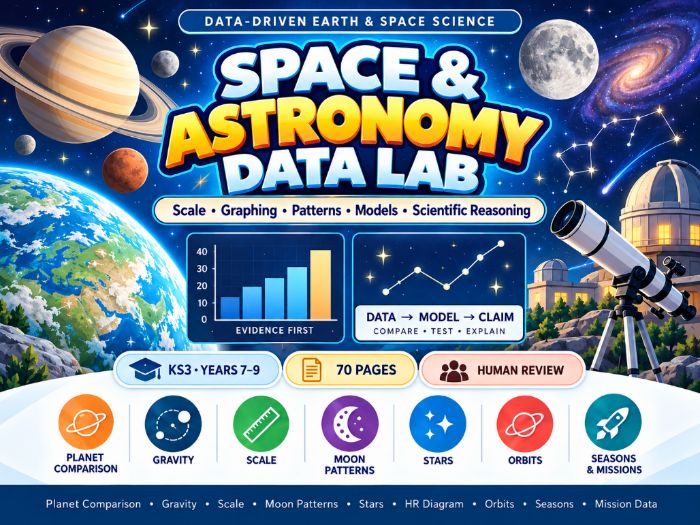 Space & Astronomy Data Lab KS3 Years 7–9 70 Pages Physics Worksheets & Answer Key