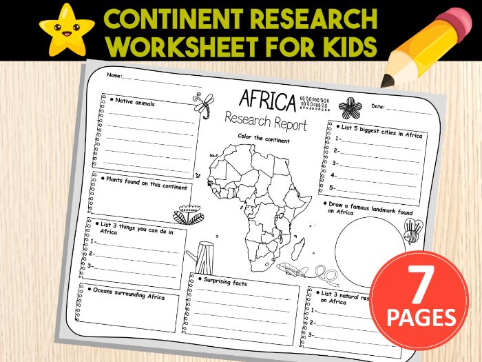 Continent Research Worksheet For Kids | Project History Report For 7 Continents