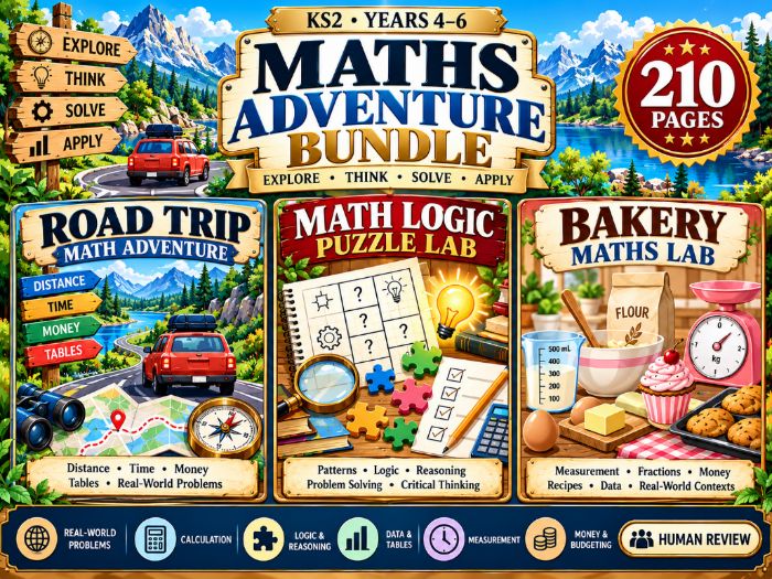 KS2 Maths Adventure Bundle | Road Trip, Logic Puzzles & Bakery Maths | Years 4–6 | 210 Pages