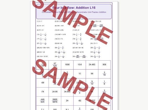 Addition L16 Four in a Row | Mixed addition and Unit Fractions