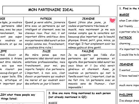 GCSE FRENCH 'Ideal Partner' Sentence Builder and Narrow Reading