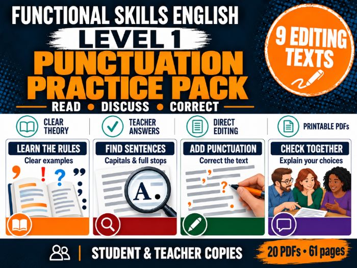 Functional Skills English Level 1 Punctuation Practice Pack: 9 Editing Texts & Teacher Answers