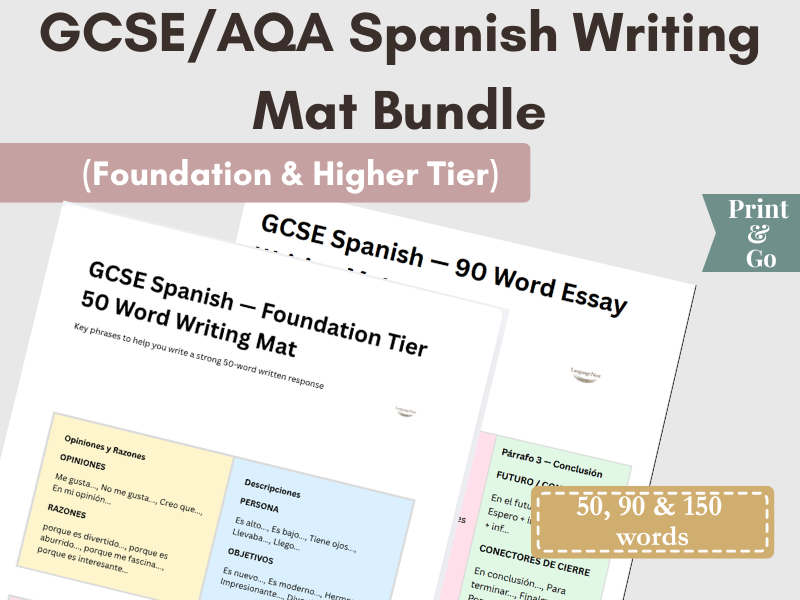 GCSE Spanish Writing Mats Bundle | 50 Word, 90 Word & 150 Word Essay Support for GCSE Spanish
