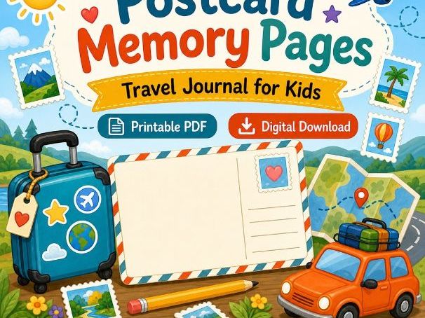 Postcard Memory Pages | Travel Journal for Kids | Printable PDF | Digital Download