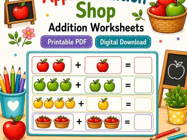 Apple Addition Shop Worksheets for Kids