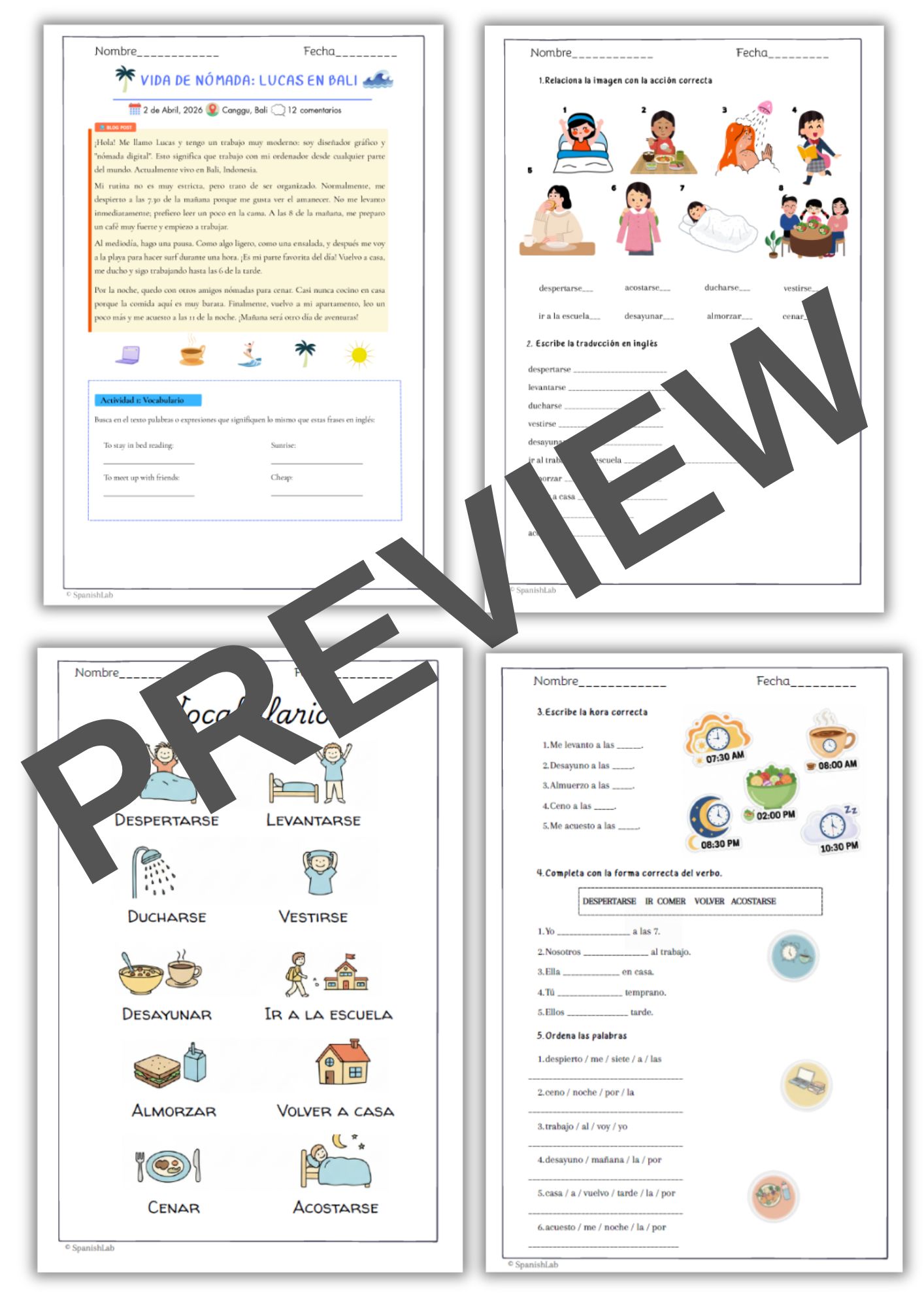 Spanish Daily Routine Worksheets A2 | La Rutina Diaria & Reflexive ...