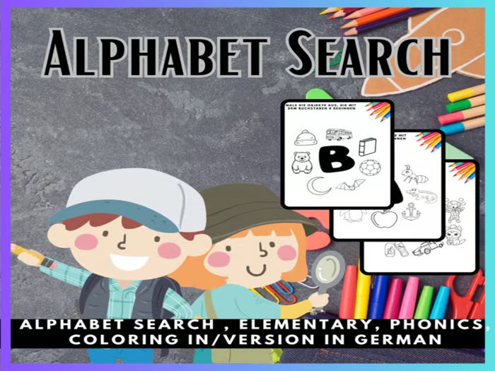 Alphabet Search, Blends & Digraph Beginning Sound Picture Search Coloring Pages Version in German
