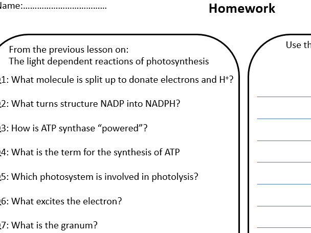 Flipped HW - light dependent reactions of photosynthesis