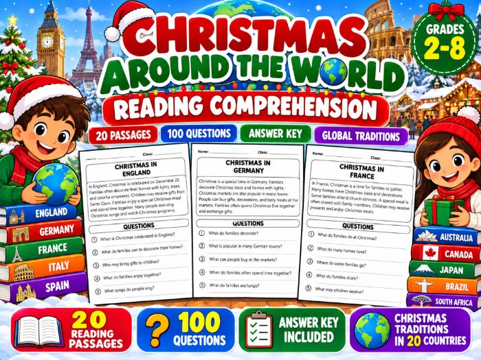 Christmas Around the World Reading Comprehension | 20 Passages, 100 Questions & Answer Key