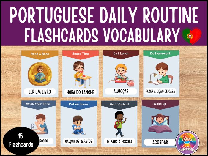 Portuguese Daily Routine Flashcards Vocabulary Activities for ESL Beginners