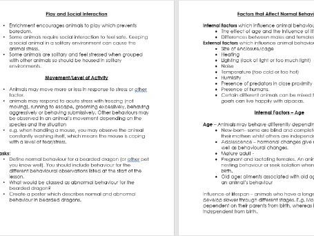 Animal Care, Animal Behaviour. Unit 5A -Information Booklet.