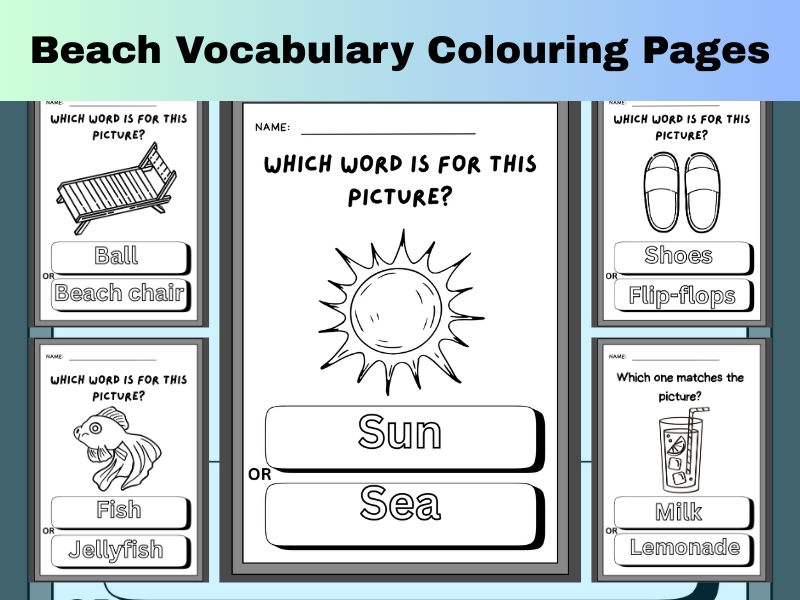 Beach Vocabulary Colouring Pages