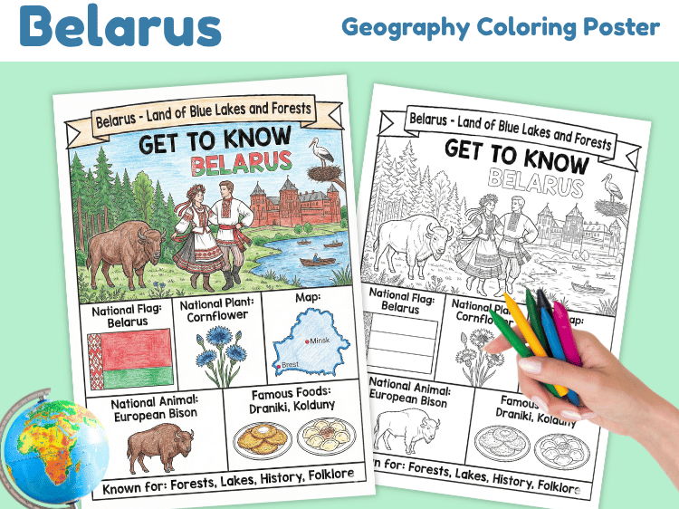 Belarus Geography Coloring Poster | Country Facts & Map Activity