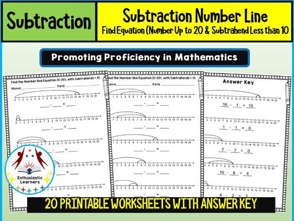 Find the Number Line Subtraction Equation Worksheets (Numbers up to 20, Subtrahends less than 10)