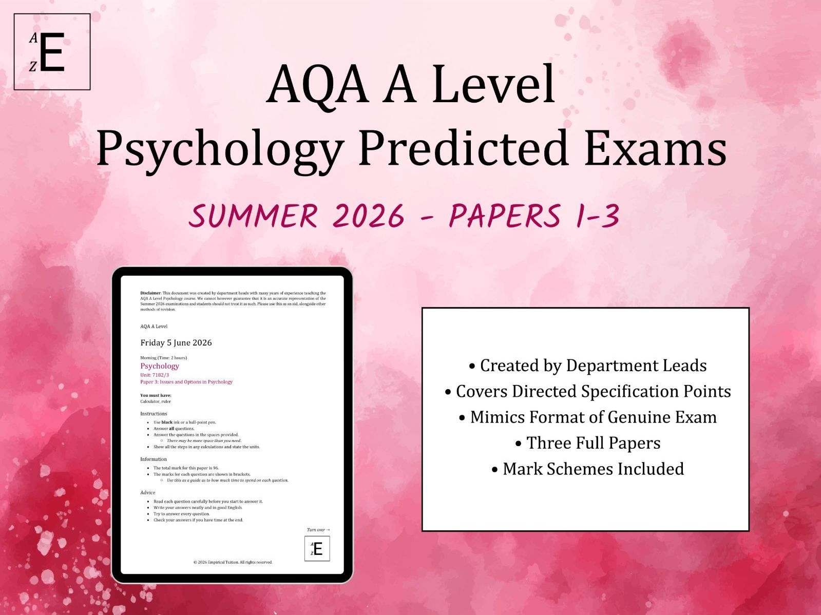 Summer 2026 AQA A Level Psychology Predicted Exams - Papers 1-3