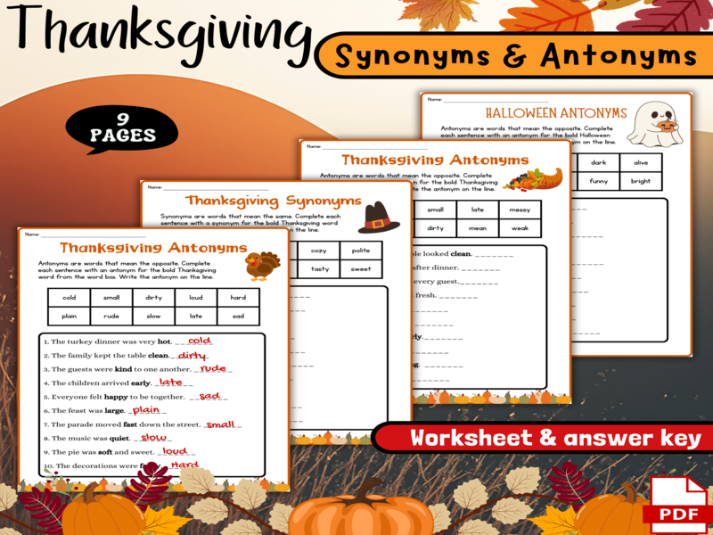 Thanksgiving Synonyms & Antonyms Worksheets | 2nd–3rd Grammar Practice Activity