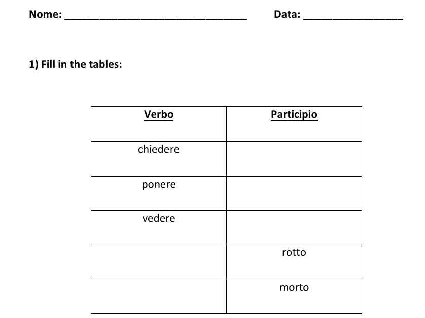 Italian Irregular Past Participle Worksheets