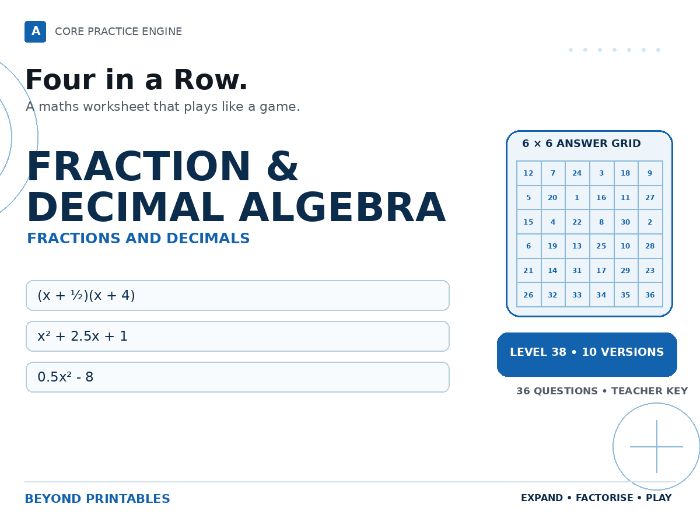 Fraction & Decimal Algebra Four in a Row | (x + ½)(x + 4) : Level 38 | 10 Maths Games