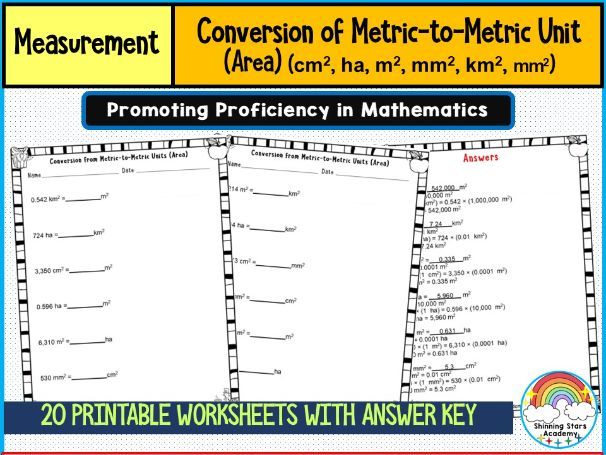 Conversion of Metric-to-Metric Unit (Area) (cm², ha, m², mm², km²) Worksheets | Metric Area Conversi