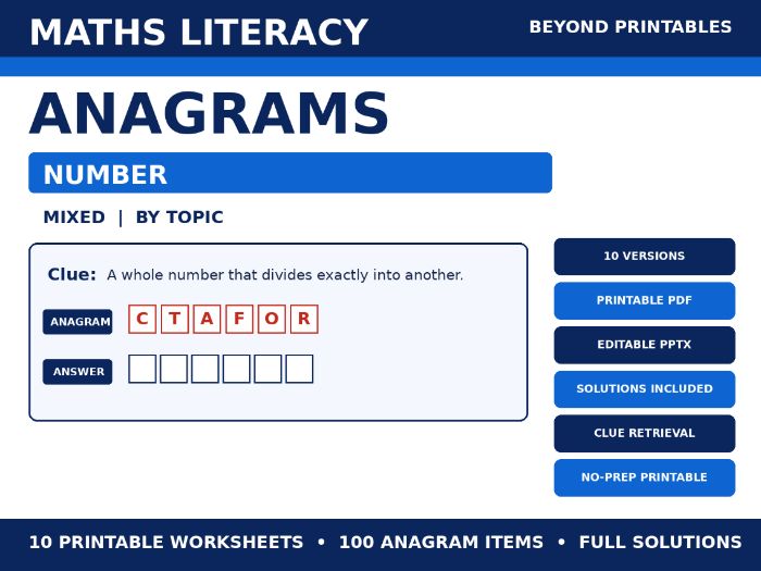 Maths Literacy Anagrams: Number | 10 Worksheets, Editable PowerPoint + Solutions