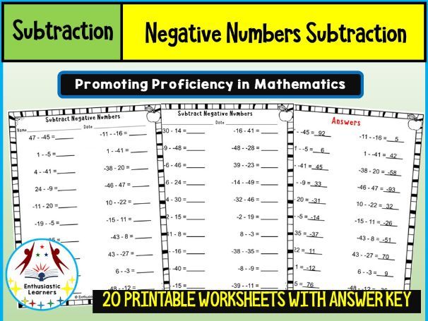 Negative Numbers Subtraction Worksheets – Practice Activity