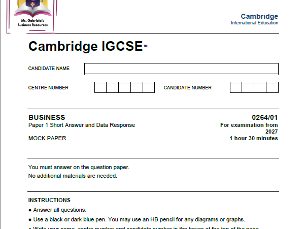 Cambridge IGCSE™ Business (0264) – Practice Paper 1 with Specimen Answers For examination from 2027