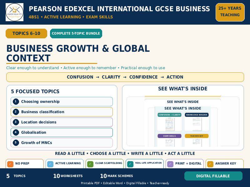 IGCSE Business Business Growth & Global Context | 5-Topic Active Learning Bundle | Edexcel 4BS1