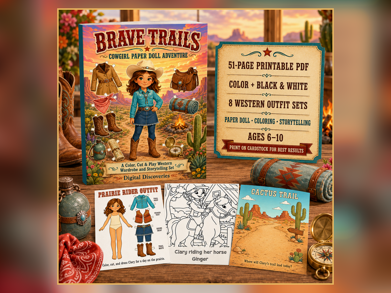 Brave Trails Cowgirl Paper Doll Cut-Out – Color & B&W Activity Pack (Ages 6–7)