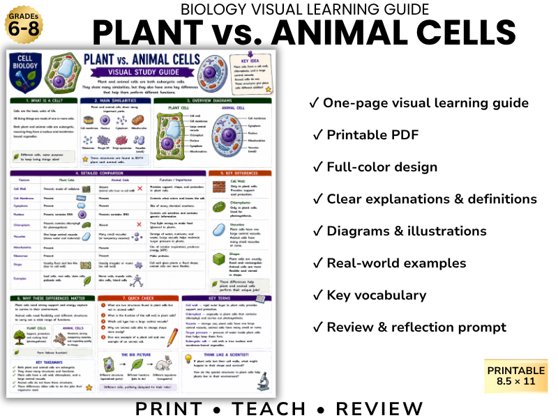 PLANT vs. ANIMAL CELLS Biology Visual Learning Guide | Grade 8 & Middle School Science