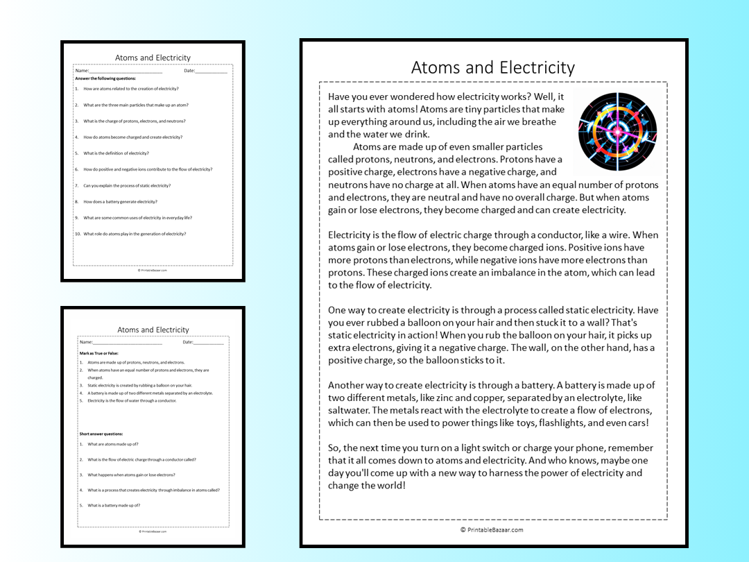 Atoms and Electricity Reading Comprehension Passage Printable Worksheet