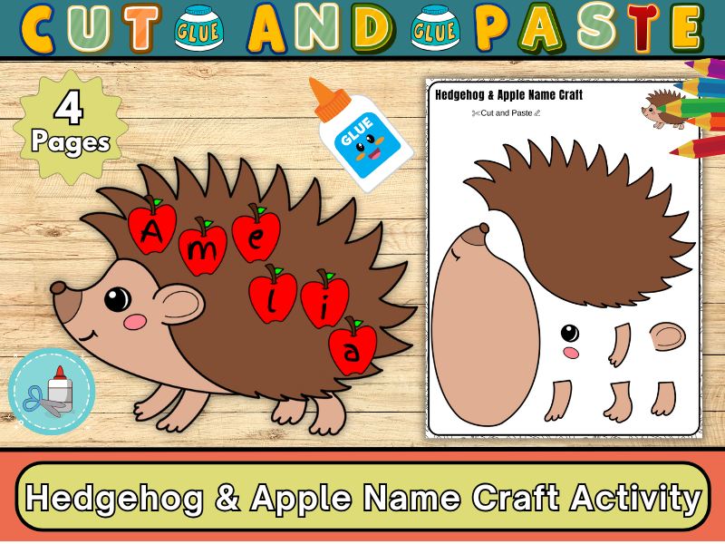 Hedgehog And Apple Name Craft Activity-Fall Craft Activity-Cut & Paste Activity