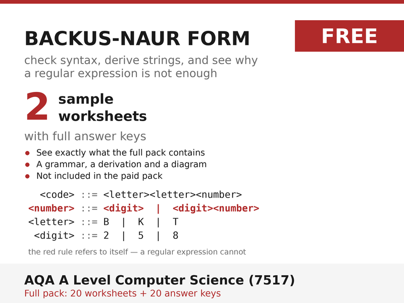 FREE Backus-Naur Form Sample | AQA A Level Computer Science 7517 | 2 Worksheets + Answers