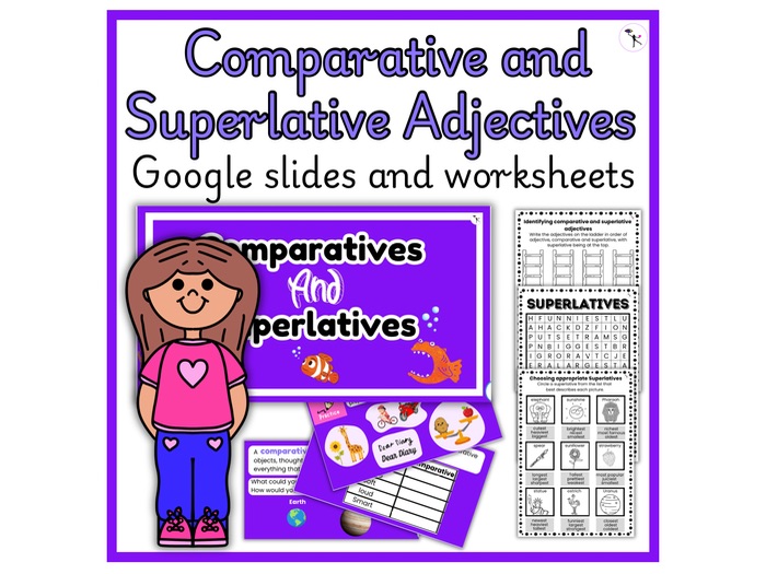 Comparative and superlative adjectives with Google slides and worksheets