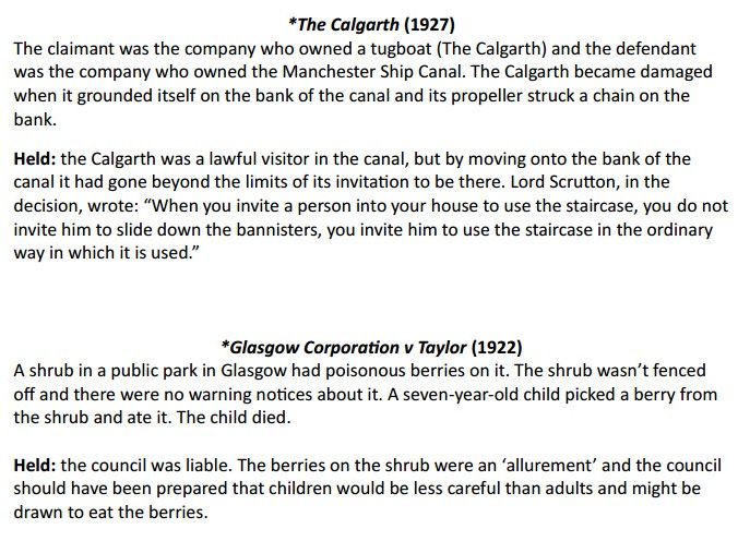 Occupiers’ liability - case and statute list for OCR A-level law