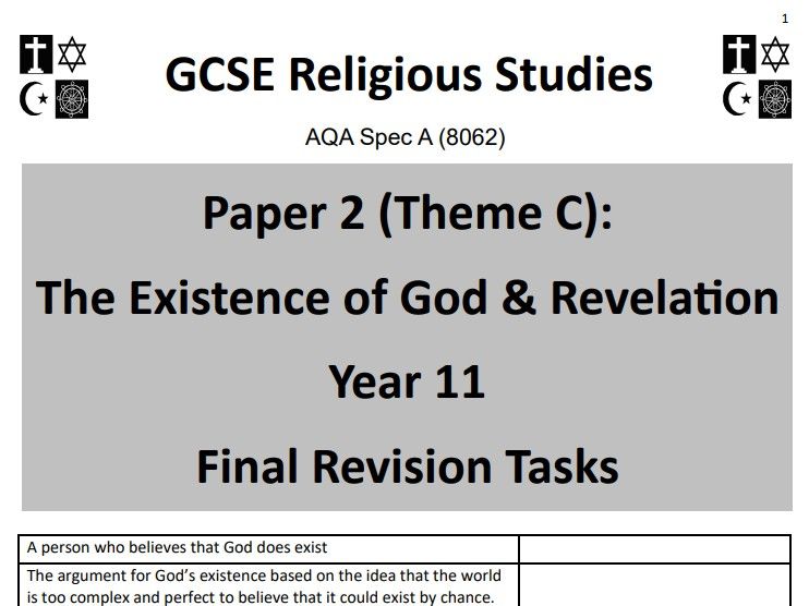 Existence of God & Rev. (Theme C: AQA GCSE Religious Studies) - student revision activities booklet