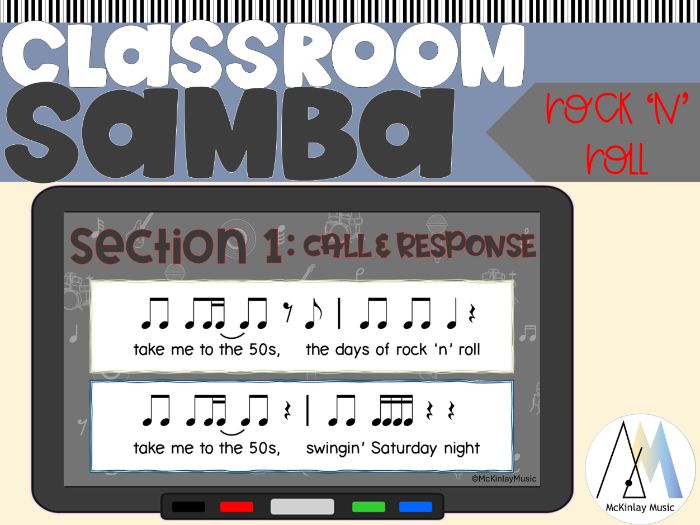 Classroom Samba - Rock 'n' Roll themed rhythm & percussion music lesson