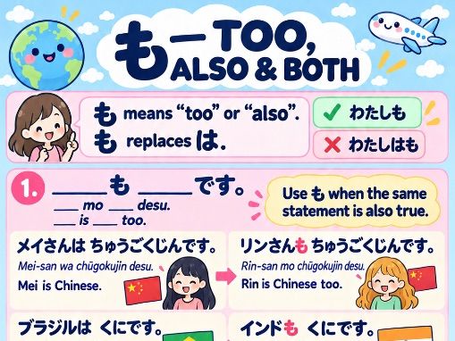 Free Beginner Japanese Grammar Poster: Too, Also and Both