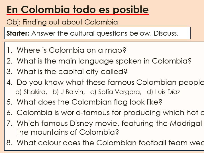 NEW 2026 GCSE Spanish. Foundation/ Verde. Module 5: Zona de cultura, En Colombia todo es posible