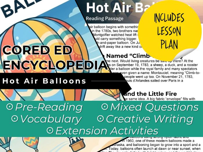 Hot Air Balloons Reading Comprehension Passage - Cored Ed Encyclopedia