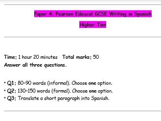 Pearson Edexcel Spanish GCSE Writing Paper set 1 H+F - M1