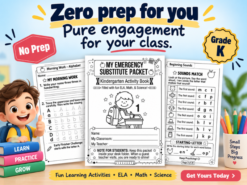 Reception Emergency Sub Plans: Print-and-Go Lessons & Activities